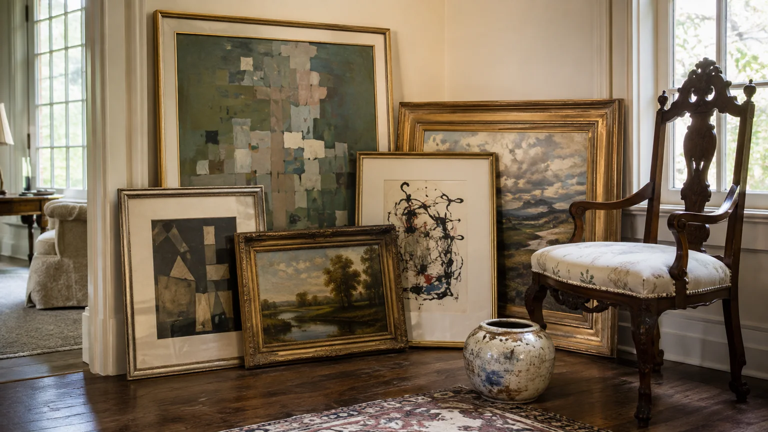 Framed paintings leaning against a wall beside an antique carved armchair and a ceramic vessel in a sunlit room.