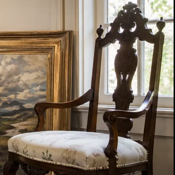 A carved antique armchair with an embroidered seat beside a window.
