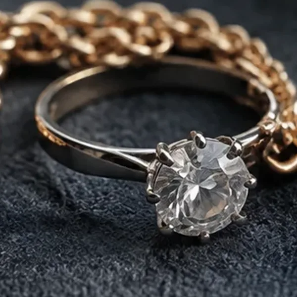 A diamond solitaire ring resting on a heavy gold chain.