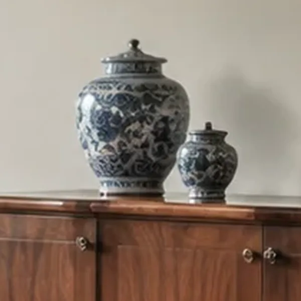 Two blue and white porcelain ginger jars on a walnut sideboard.