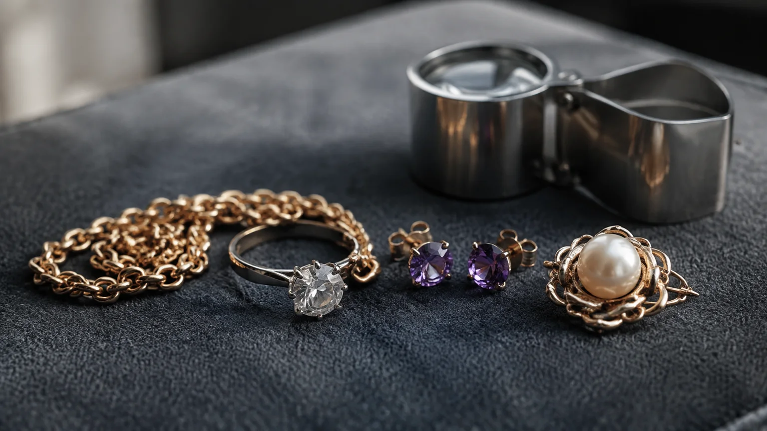 Estate jewelry beside a jeweler's loupe: a diamond solitaire, amethyst earrings, a pearl brooch, and a gold chain.